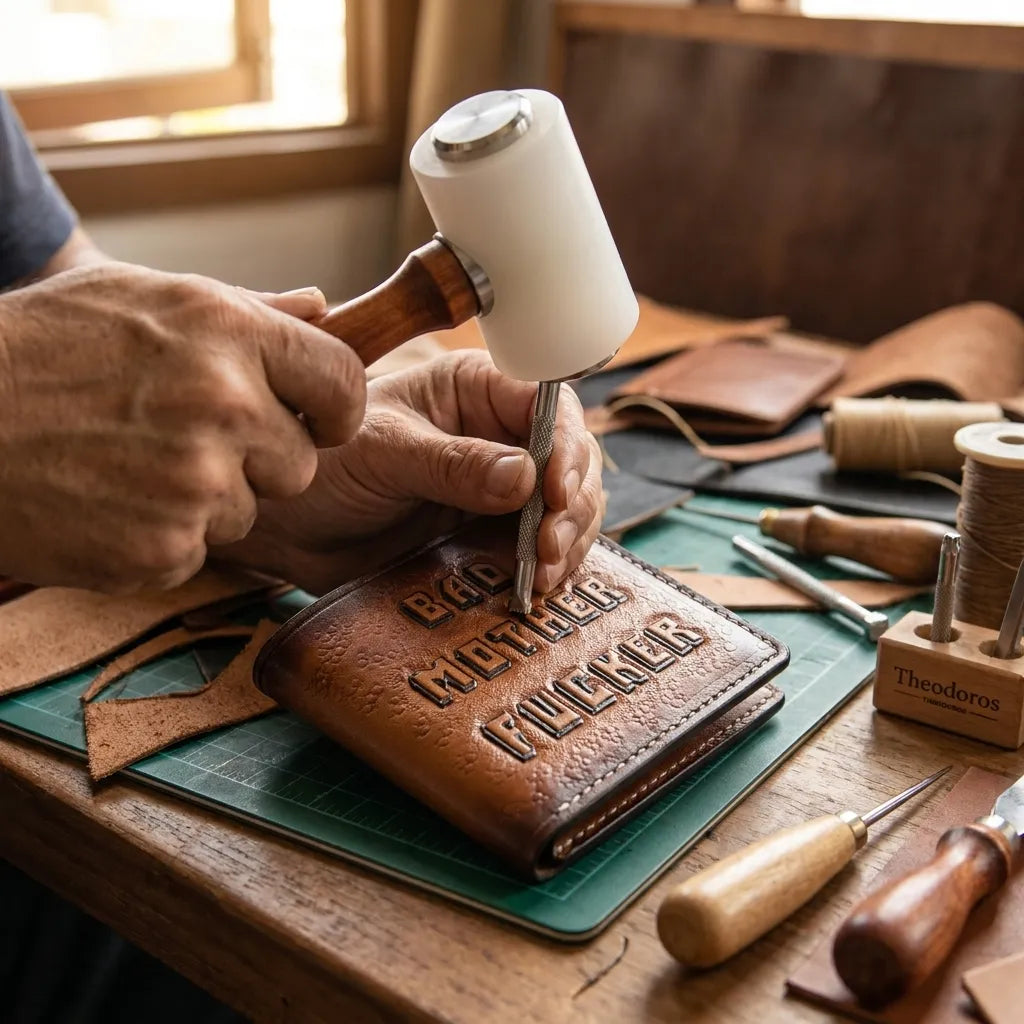 Artisan tooling process of Bad Mother F*cker handmade full-grain leather wallet with hand-carved engraving