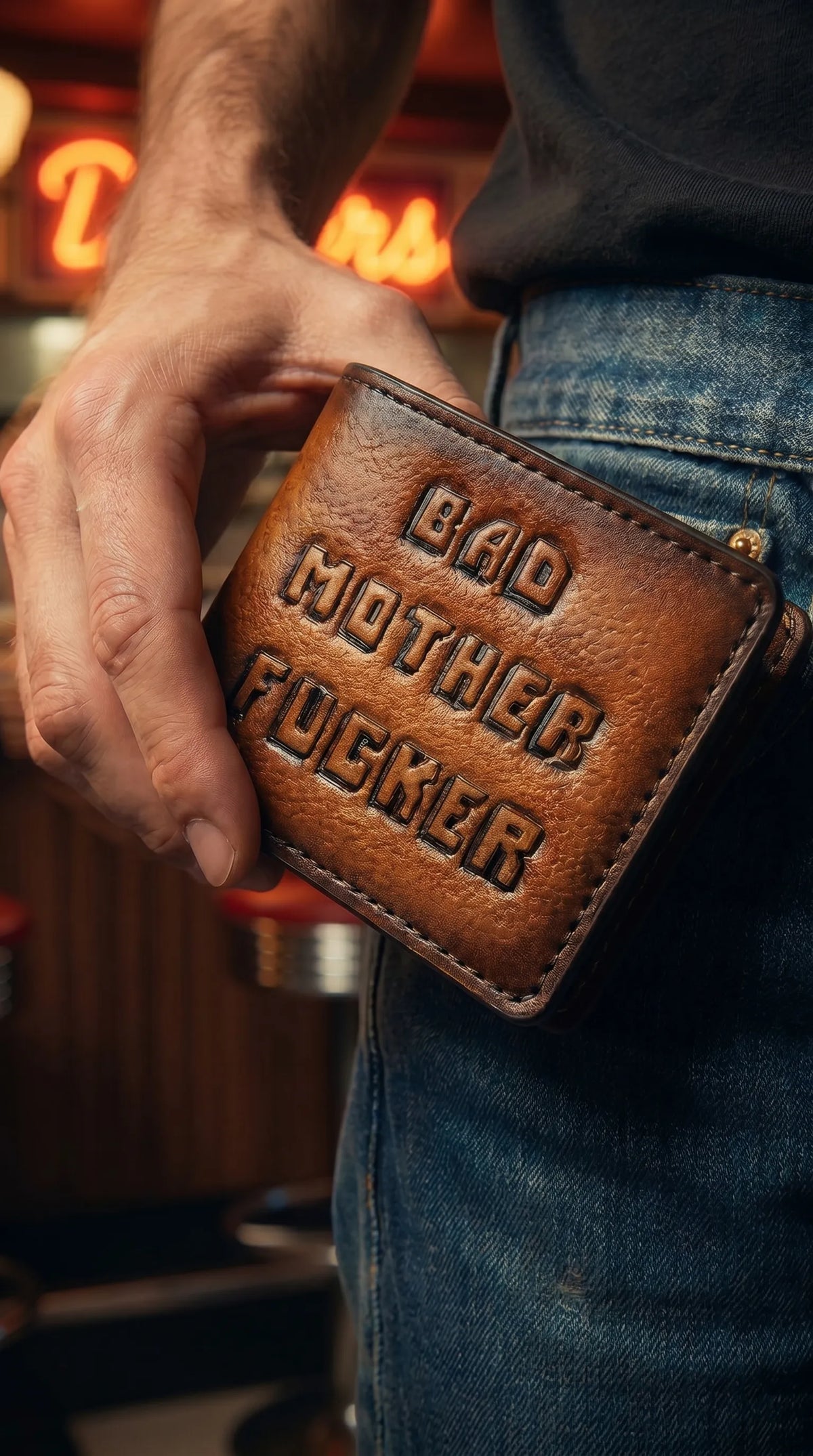 Hand-tooled "Bad Mother Fucker" leather bifold wallet, inspired by Pulp Fiction, lifestyle shot tucked into a denim jeans pocket.