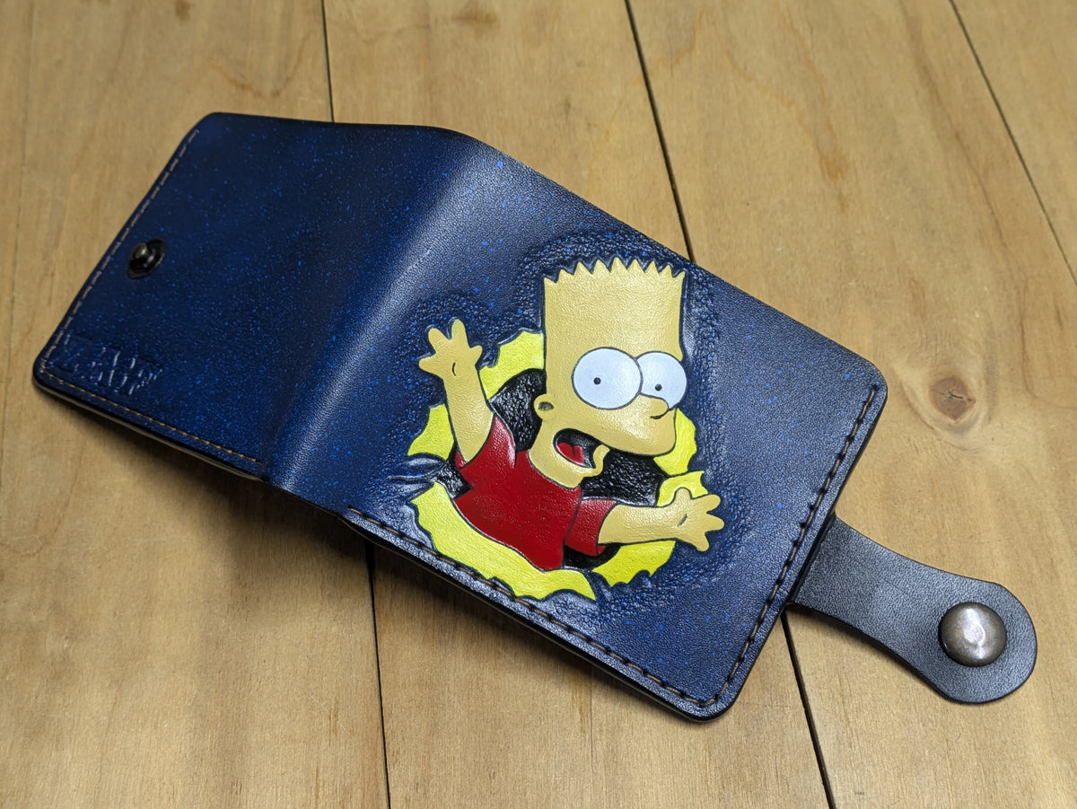 Open Theodoros Leather bifold wallet with a hand-painted Bart Simpson motif and a secure metal snap button closure.