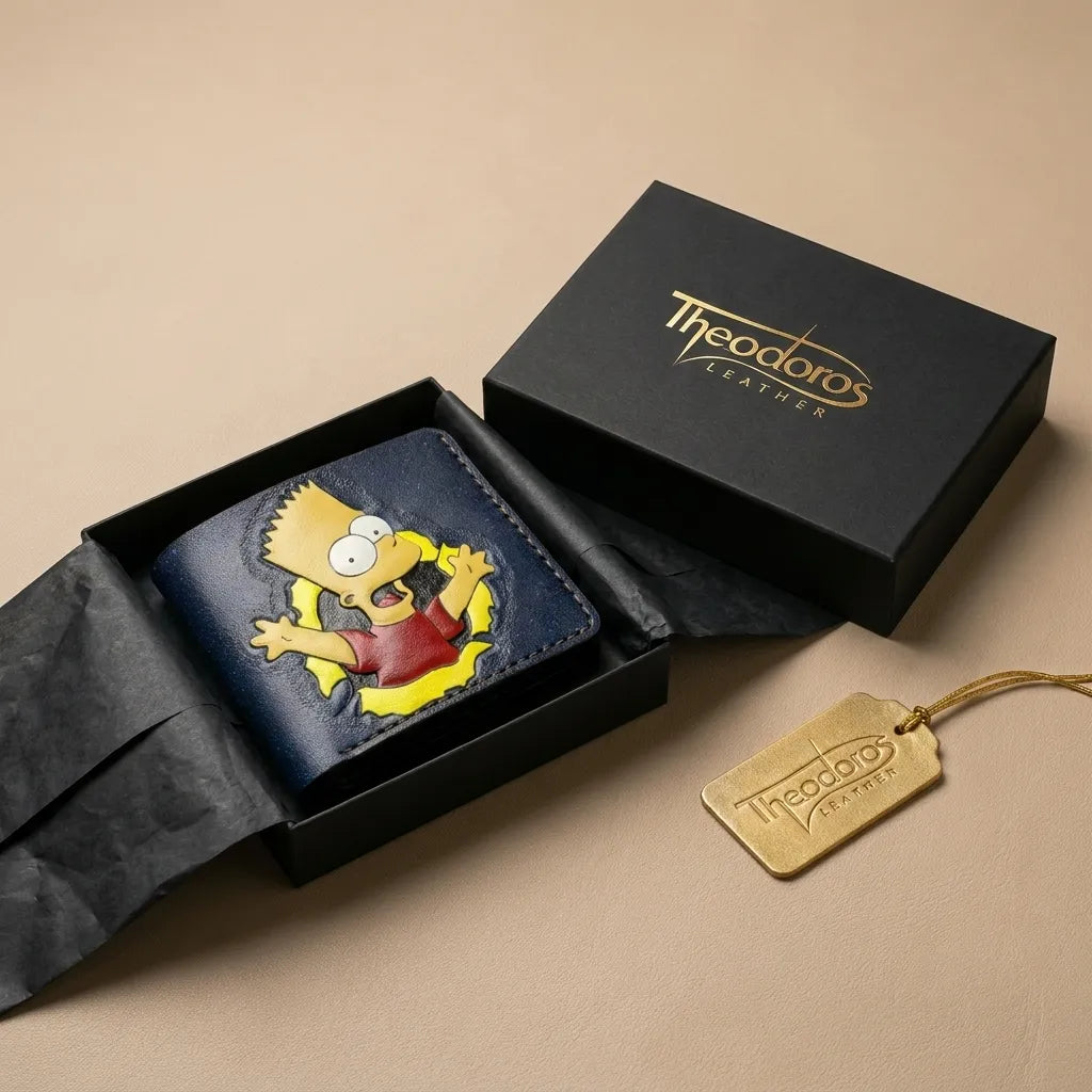 Theodoros Leather luxury gift set with a hand-tooled Bart Simpson wallet, branded black box, and gold-stamped leather tag.
