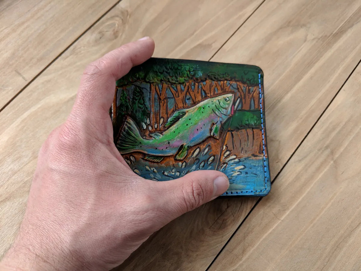 Fishing-themed embossed leather bifold wallet with bass design