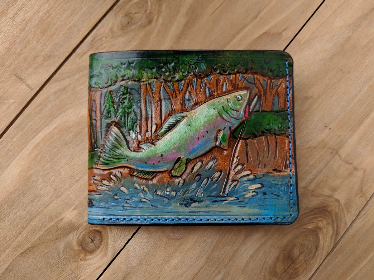 Leather bifold wallet inspired by bass fishing artwork