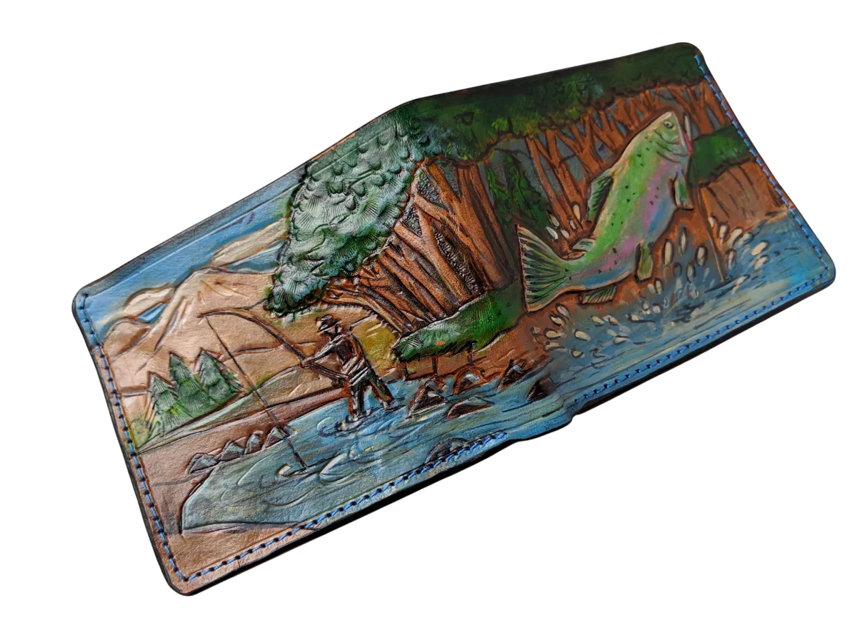 Bass fishing handmade embossed bifold leather wallet – Theodoros