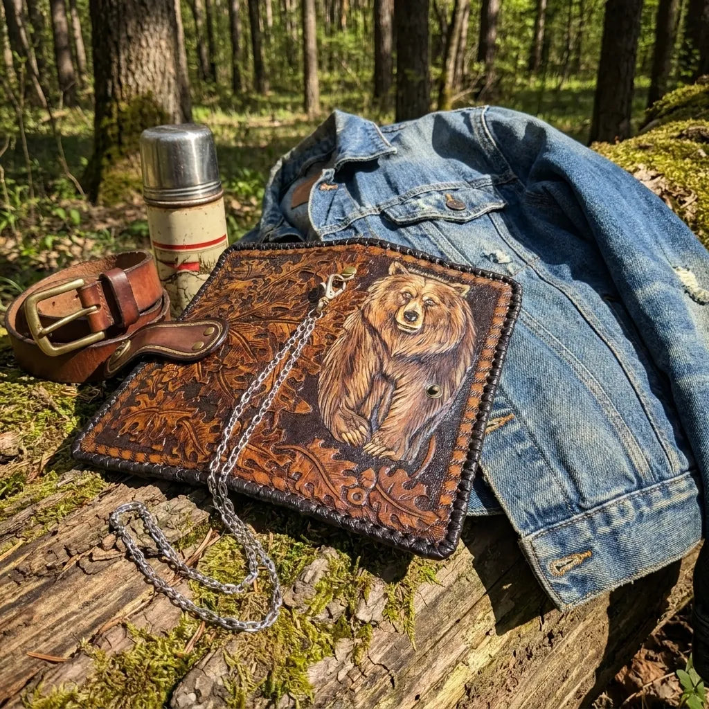 Carved grizzly bear leather biker wallet displayed on a mossy log with a denim jacket and thermos in the woods.