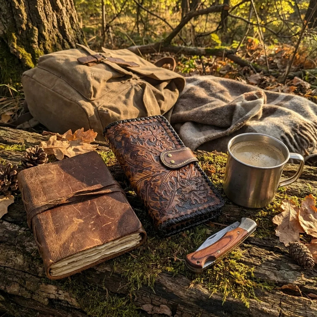 Tooled Western leather wallet on a log next to a vintage journal, canvas backpack, pocket knife, and coffee.