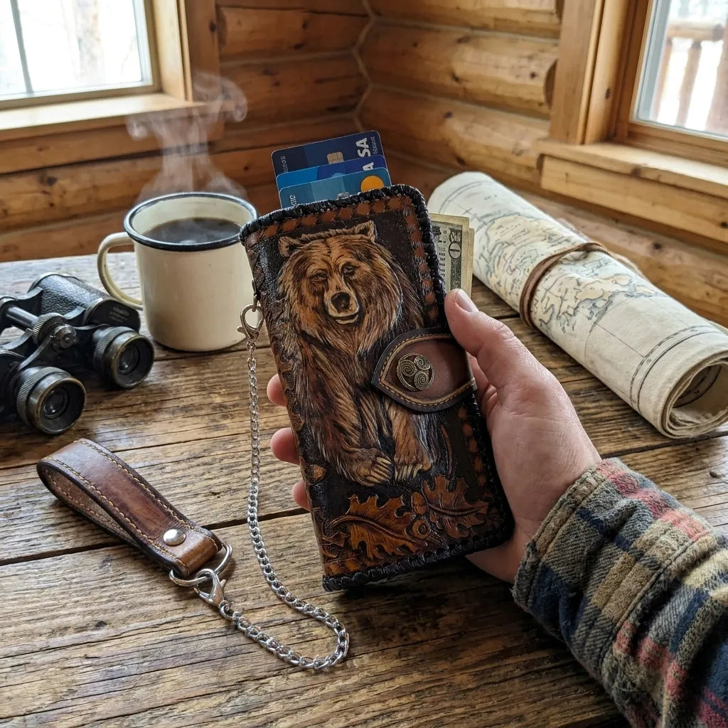 Handheld grizzly bear leather wallet holding cards and cash inside a rustic cabin, perfect Father's Day gift idea.