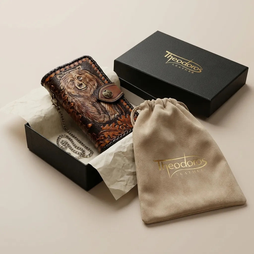 Grizzly bear leather wallet in a premium Theodoros Leather gift box with a luxury suede drawstring dust bag.