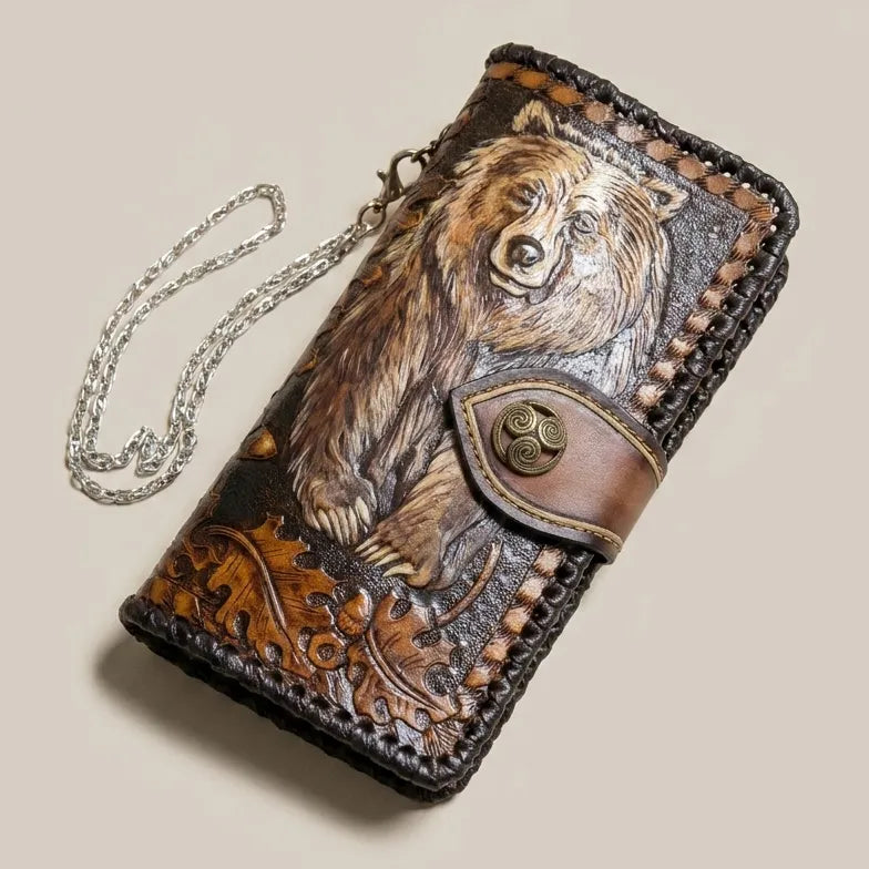 Hand-tooled leather chain wallet carved with a grizzly bear and oak leaves, unique outdoor gift for men.