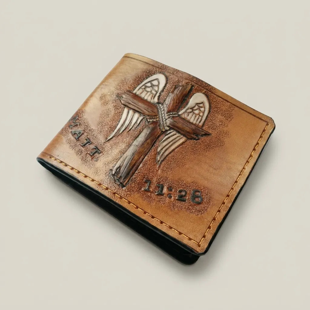 Christian Cross Matthew 11:28 Hand-Tooled Leather Wallet