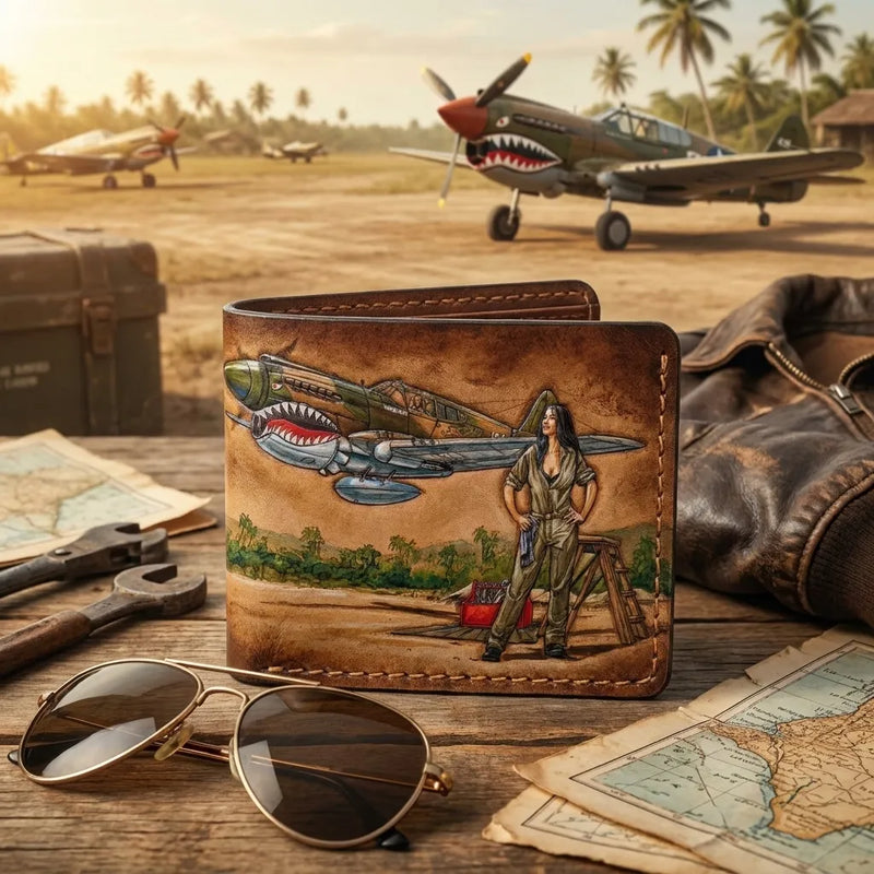 Hand-tooled P-40 Warhawk leather wallet on a rustic desk with aviation gear. Unique, premium birthday gift for pilots.