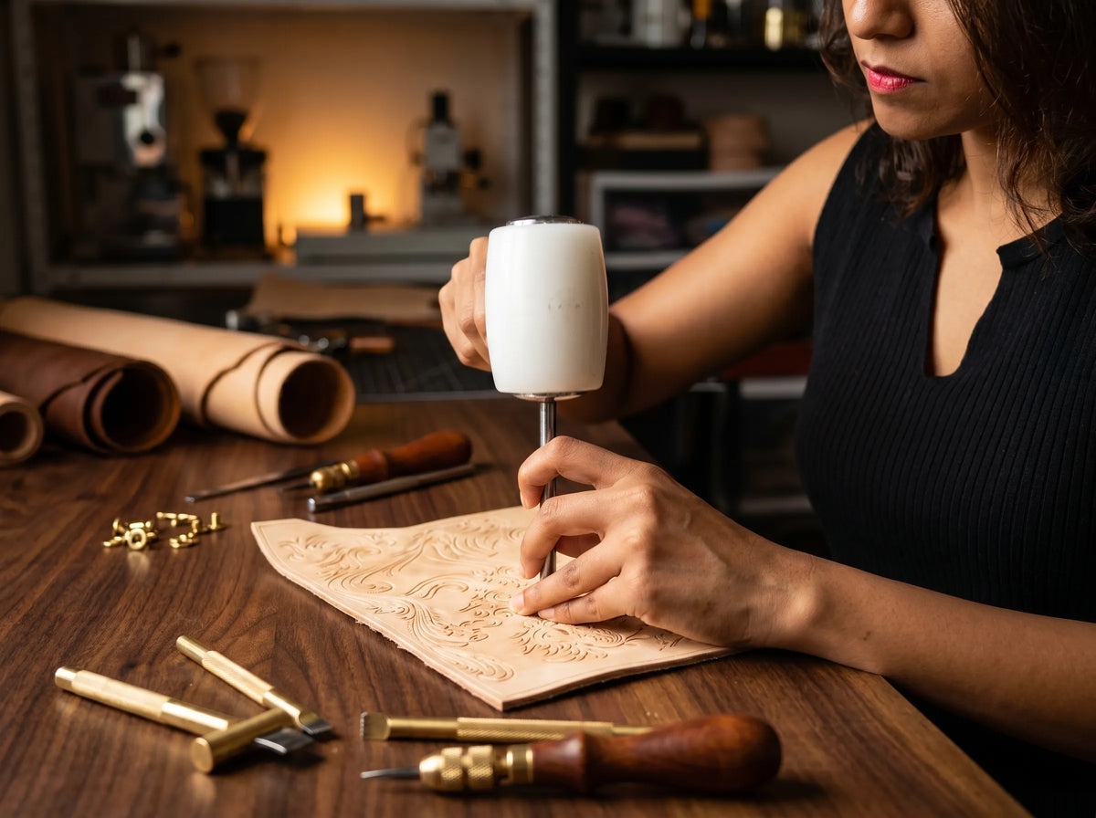 Skilled Theodoros artisan hand-stamping intricate floral designs into full-grain vegetable-tanned leather with mallet and tools.