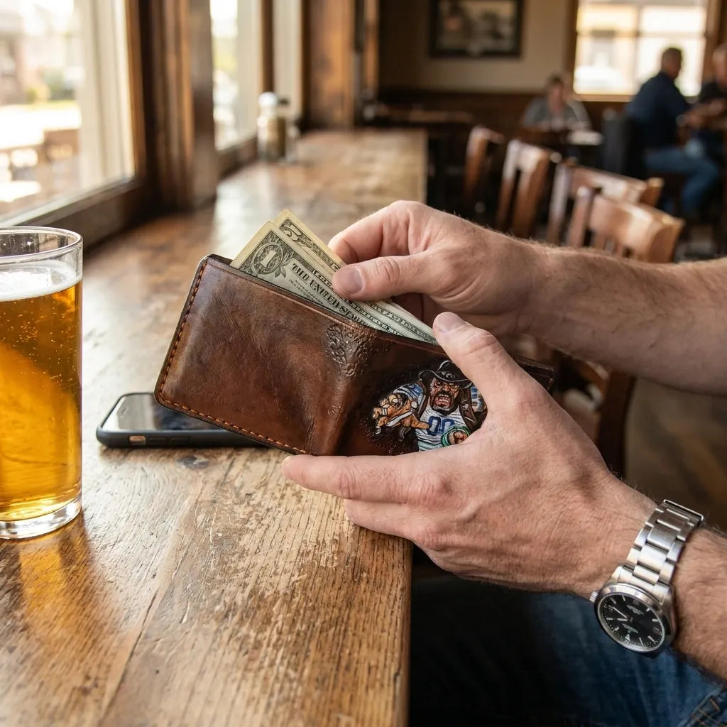 A man pulling cash out of a custom Dallas Cowboys leather wallet at a wooden bar next to a glass of beer.