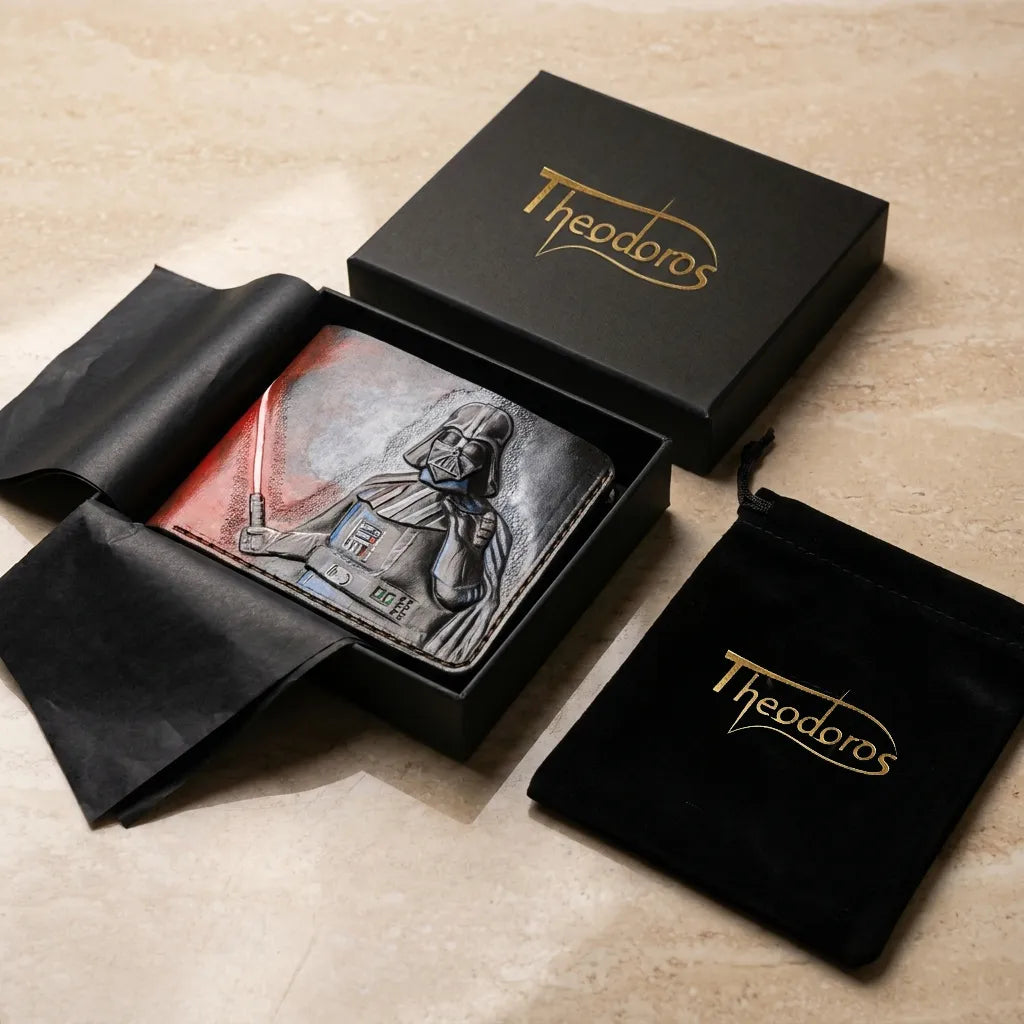 Darth Vader leather wallet packaged inside a luxury Theodoros Leather gift box, premium handmade Father's Day gift idea.