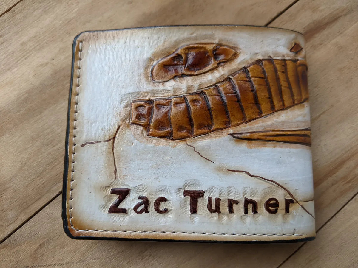 Handcrafted leather bifold wallet inspired by eurypterid sea scorpion fossil