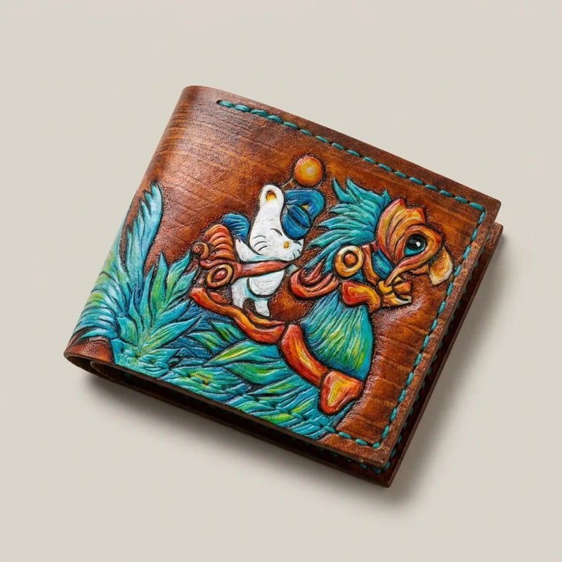 Closed full-grain leather bifold wallet with an intricately carved and painted Moogle riding a teal Chocobo bird companion.