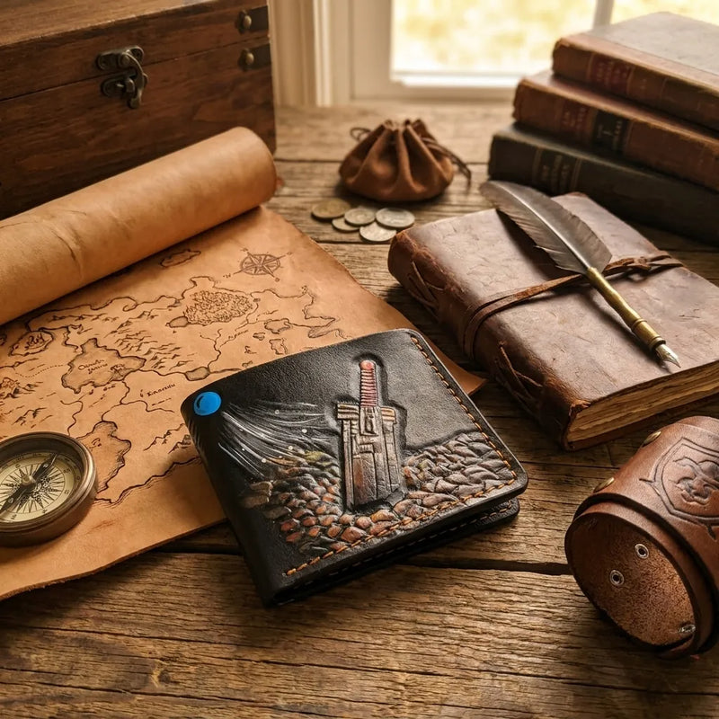 Custom leather bifold wallet showing a carved Buster Sword on a rustic desk, Final Fantasy fans gift.