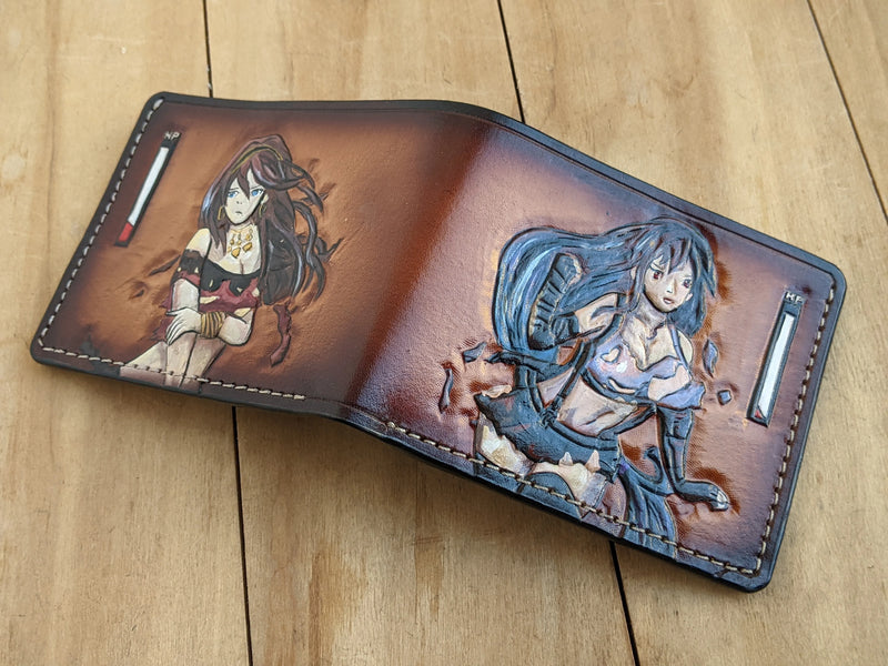 Open full-grain leather bifold wallet on wood with custom hand-carved anime character artwork. Premium birthday gift for gamers.