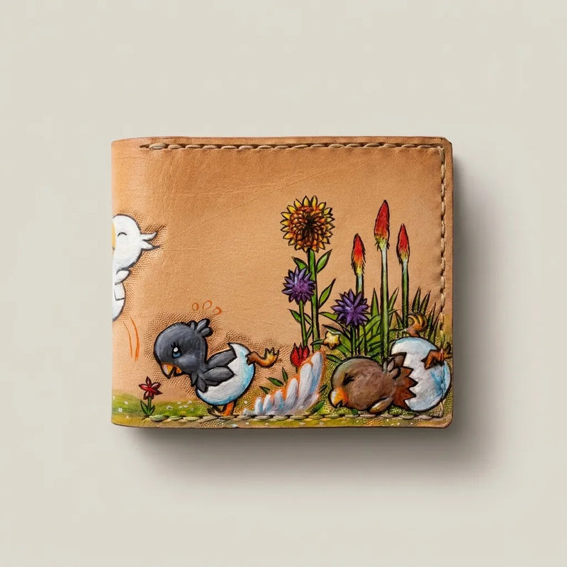 Closed custom leather wallet showing a detailed hand-painted illustration of a black and brown baby Chocobo next to garden flowers.