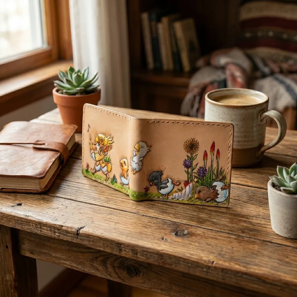 Handcrafted gamer wallet standing open on a rustic wooden table next to a coffee mug, leather journal, and potted succulents.