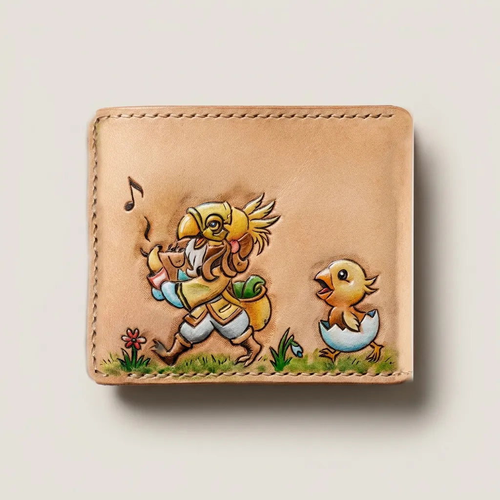 Front view of a closed leather bifold wallet featuring a hand-carved, whimsical character and a hatching golden baby Chocobo.