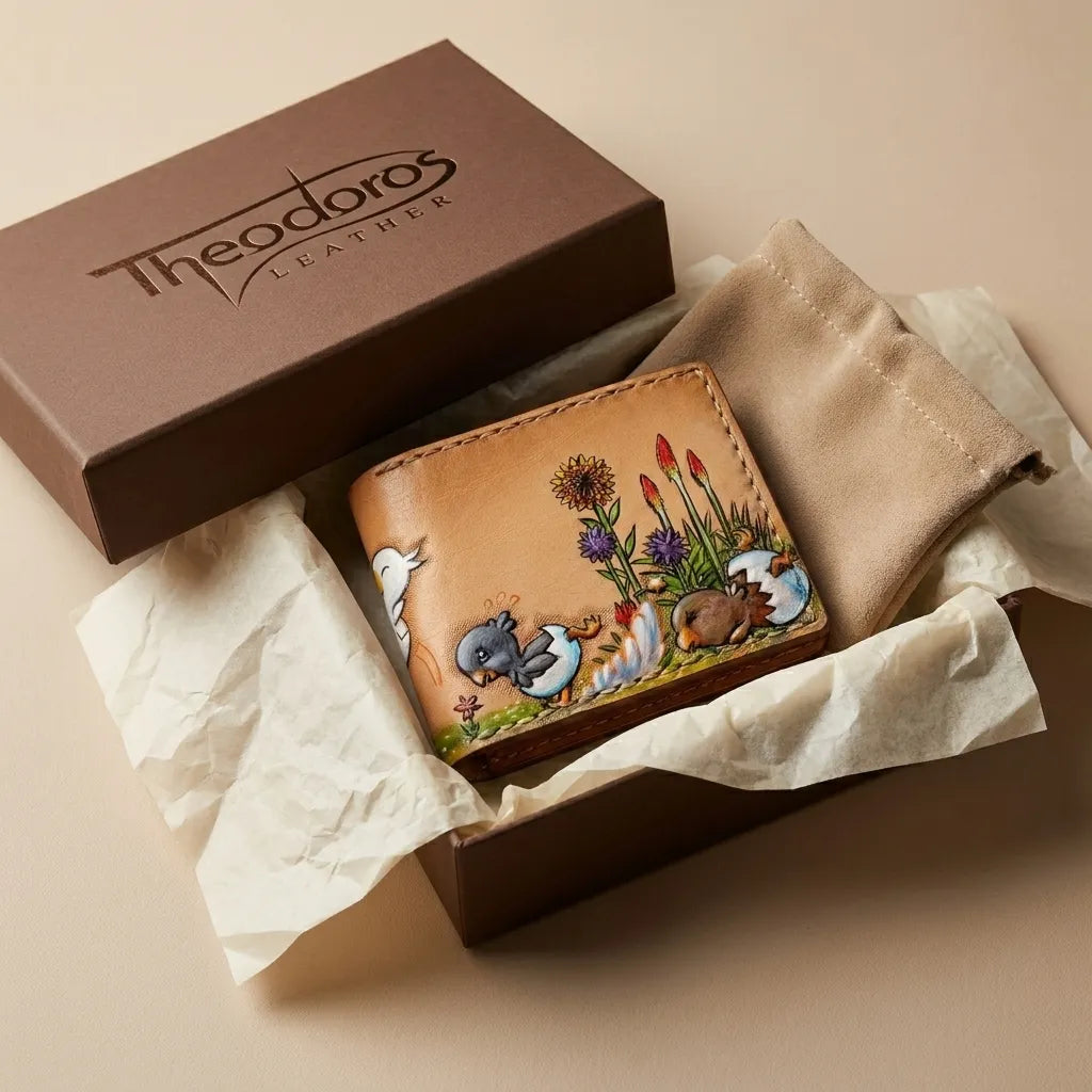 Hand-tooled Chocobo wallet nestled in white tissue paper inside a brown Theodoros Leather brand gift box with a cloth pouch.