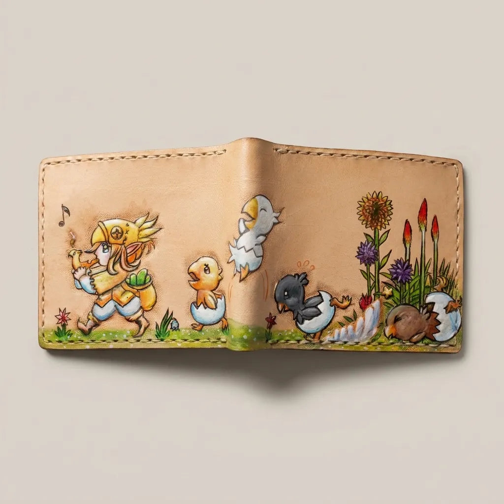 Fully opened full-grain leather bifold wallet showcasing a hand-tooled scene of hatching baby Chocobos and flowers.