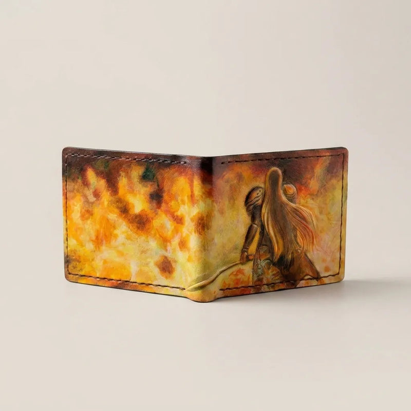 Fully opened hand-carved leather wallet displaying an expansive, vivid background of hand-painted orange and yellow fire.