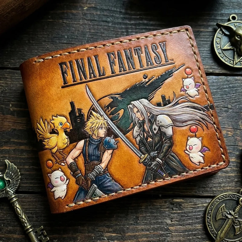 Hand-tooled full-grain leather wallet featuring a carved and painted battle scene between Cloud Strife and Sephiroth.