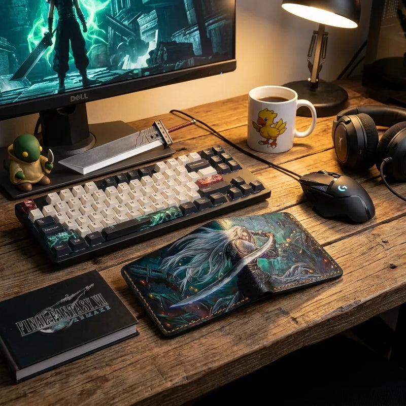 Custom Sephiroth leather wallet resting on a wooden gaming desk with a mechanical keyboard. Premium birthday gift for gamers.