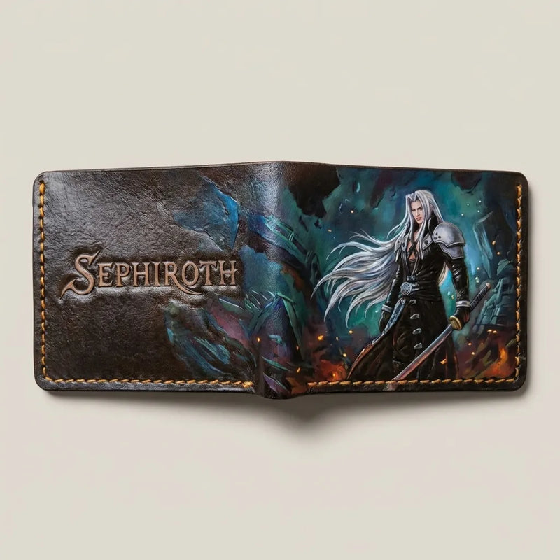 Fully opened full-grain leather wallet with hand-tooled Sephiroth name and portrait artwork. Artisan geek gift for men.