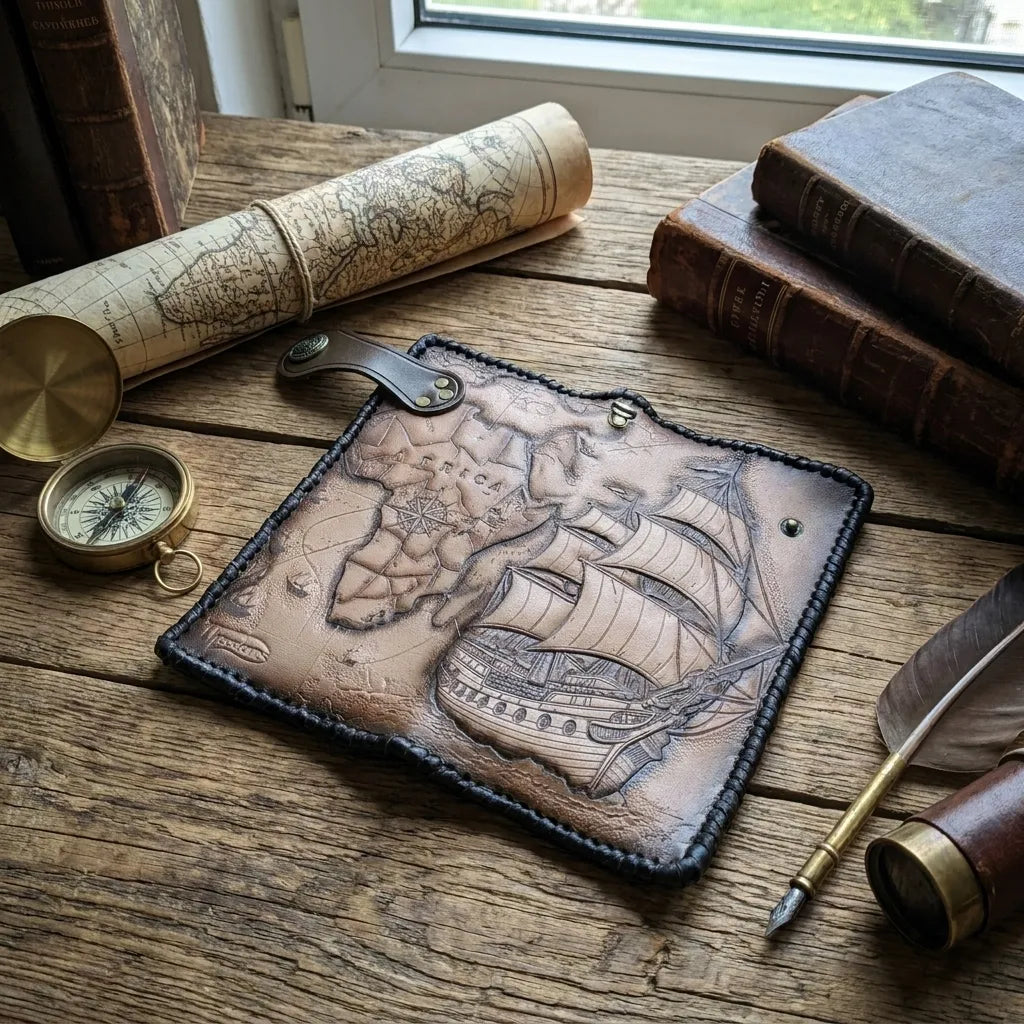 Handcrafted leather travel clutch featuring a detailed frigate ship and Africa map tooling on a rustic wooden background.