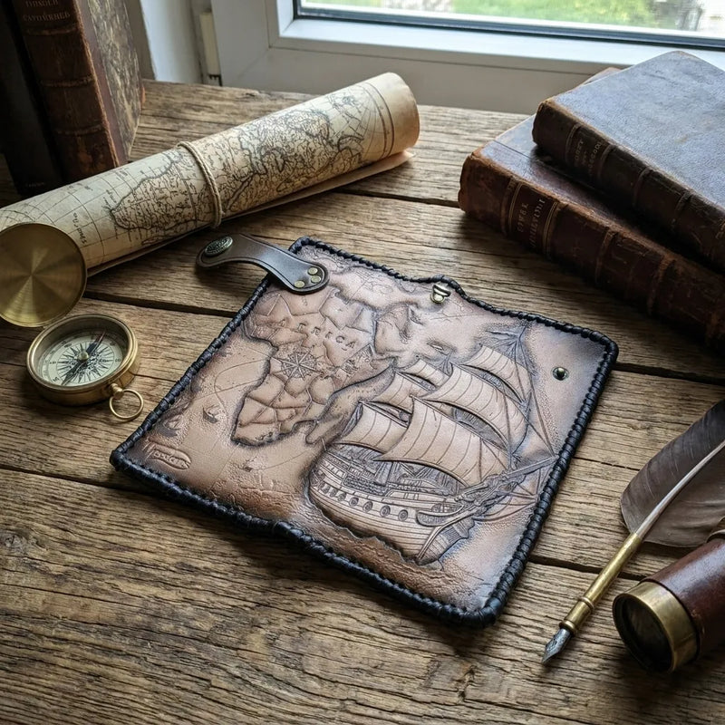 Handcrafted leather travel clutch featuring a detailed frigate ship and Africa map tooling on a rustic wooden background.