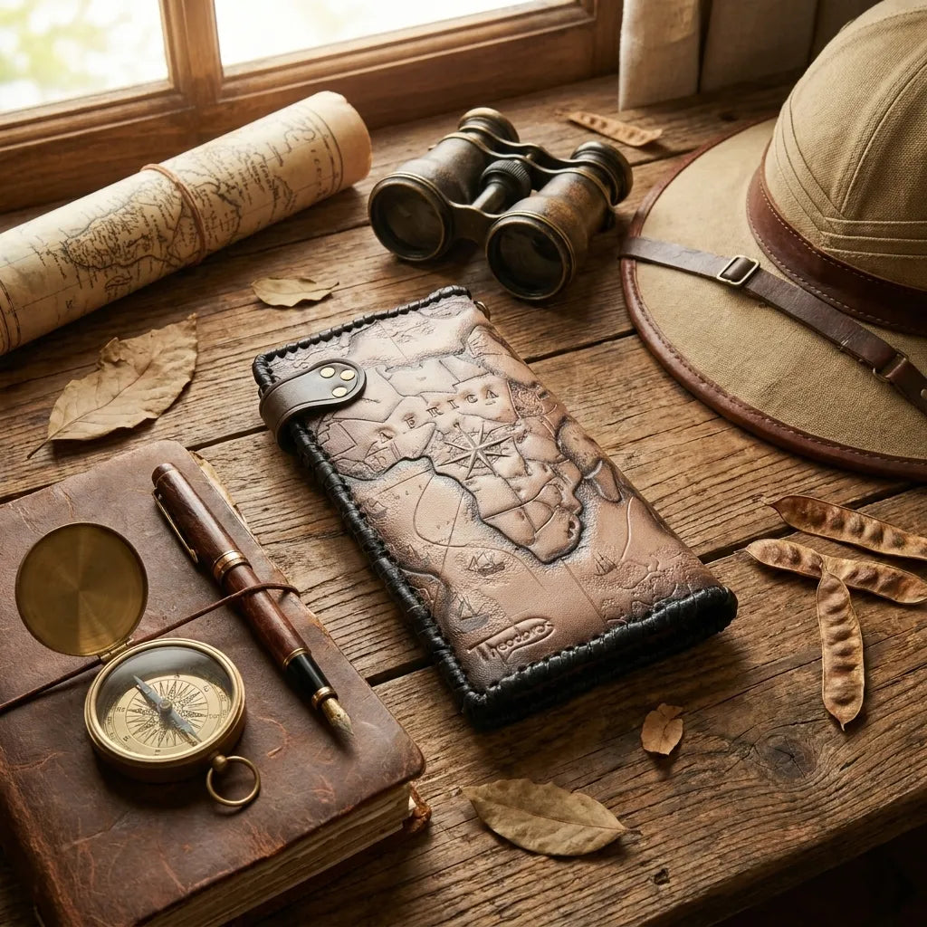 Hand-tooled leather travel wallet with Africa map and compass rose design, styled with vintage binoculars and safari hat.