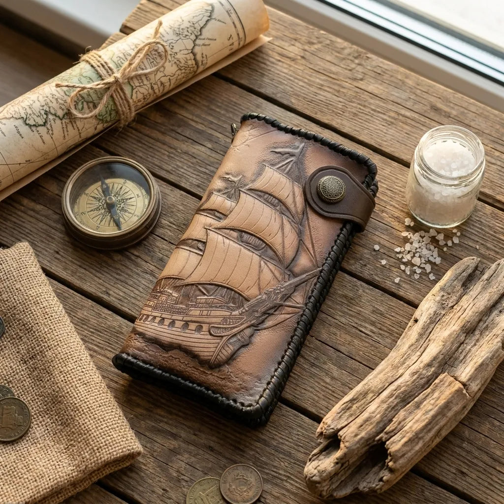 Bespoke leather wallet with embossed pirate ship design, styled with a vintage compass and maritime driftwood decor.