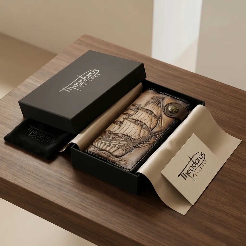 Luxury gift packaging for Theodoros Leather hand-tooled wallet, featuring premium black gift box and branded insert cards.