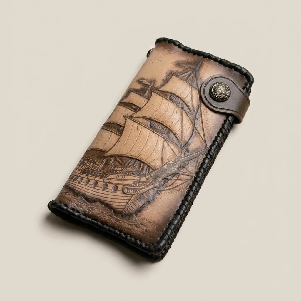 Professional studio shot of a Theodoros Leather hand-tooled wallet featuring a classic 18th-century frigate sailing ship.