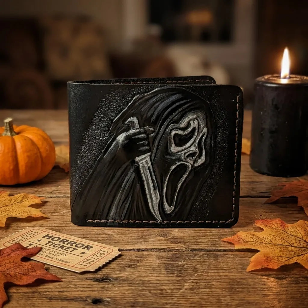 Ghostface leather wallet standing on a wooden table styled with a pumpkin, autumn leaves, a black candle, and a horror ticket stub.