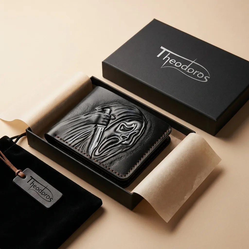 Hand-tooled Ghostface leather wallet inside its black Theodoros brand box next to a black dust bag and leather tag.
