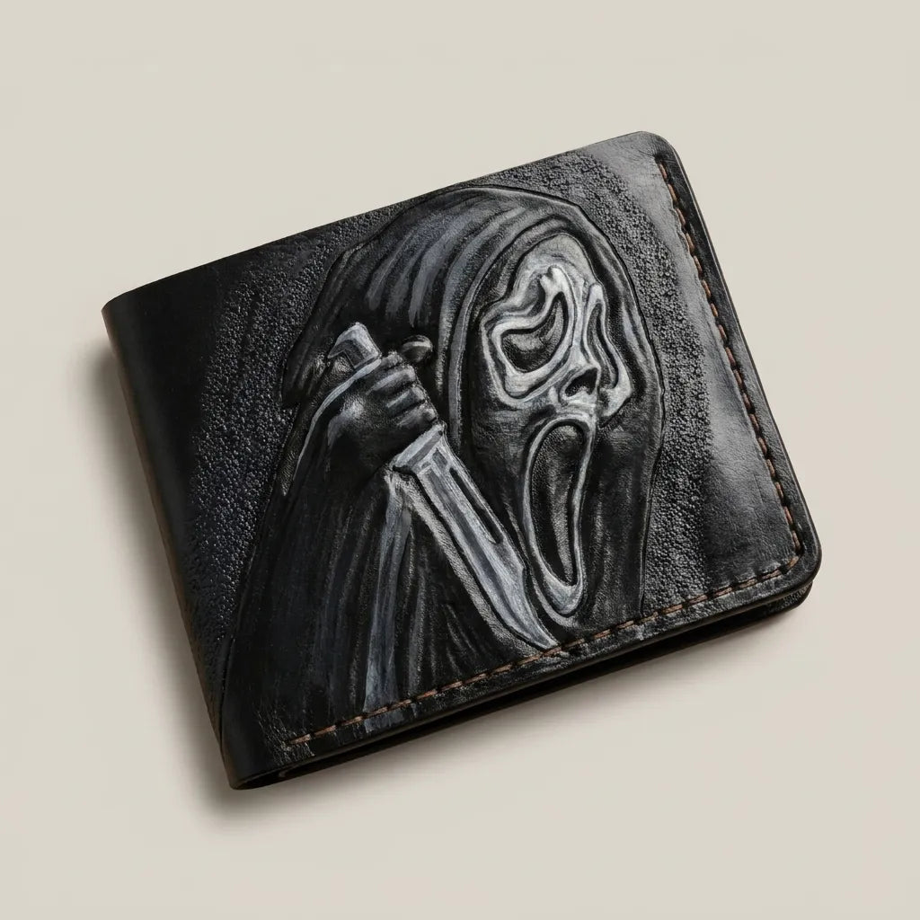 Folded black leather wallet on a cream background featuring a detailed, hand-tooled carving of Ghostface holding a knife.