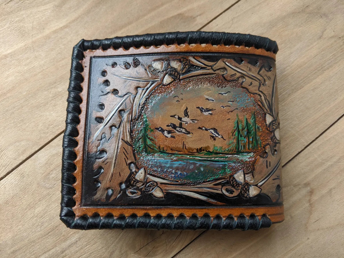 Leather bifold wallet inspired by goose hunting artwork