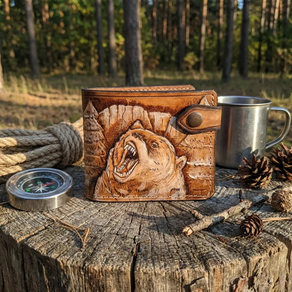 Leather bifold wallet featuring hand-carved grizzly bear