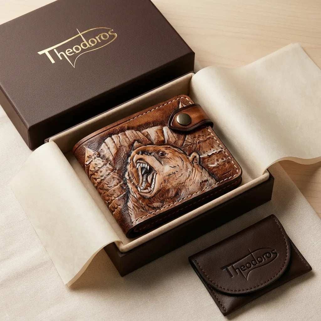 Hand-carved grizzly bear on a leather bifold wallet