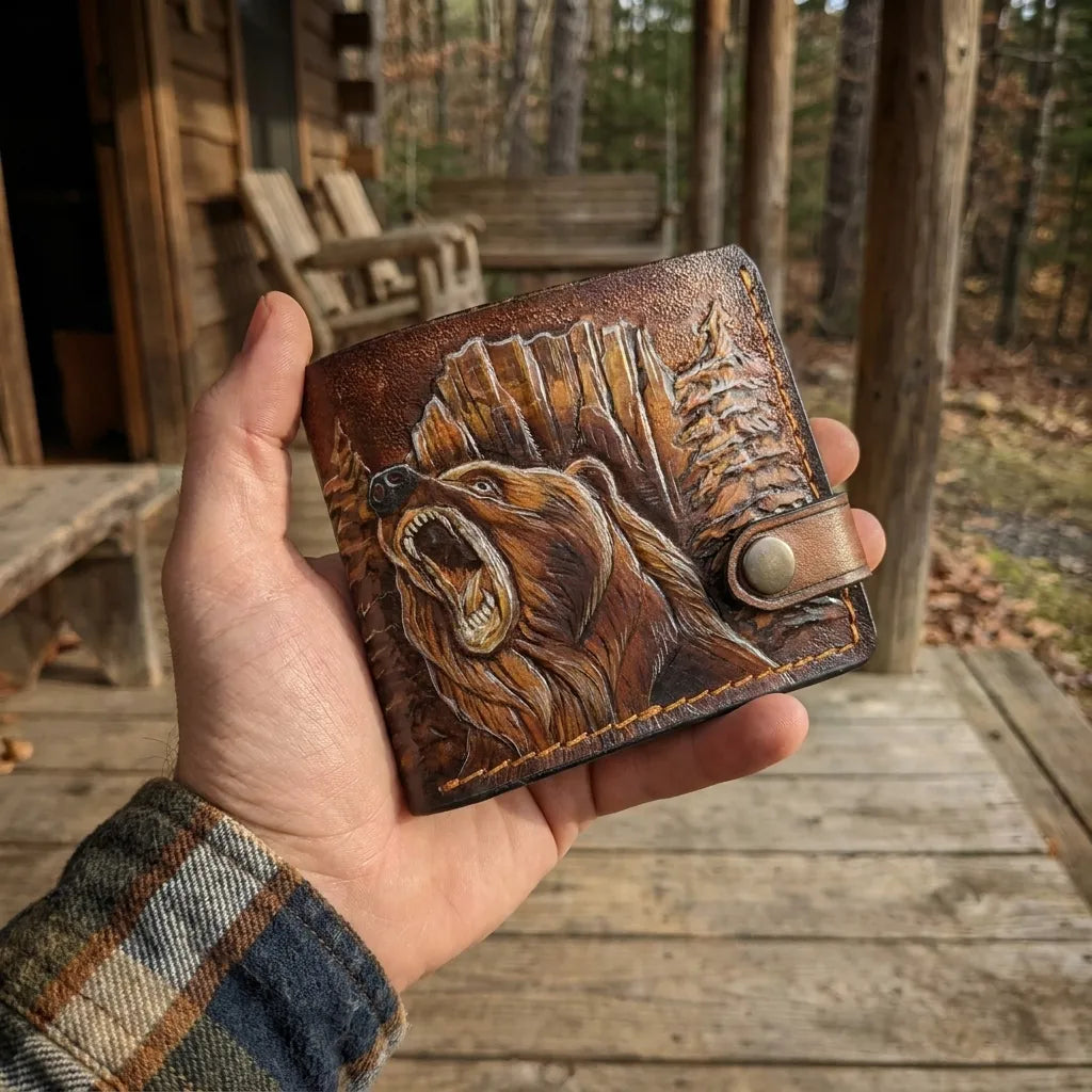 Handmade wallet with grizzly bear engraved on brown leather