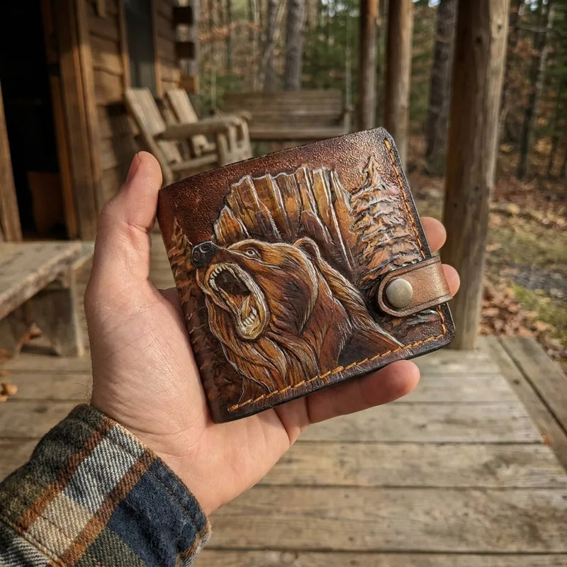 Handmade wallet with grizzly bear engraved on brown leather