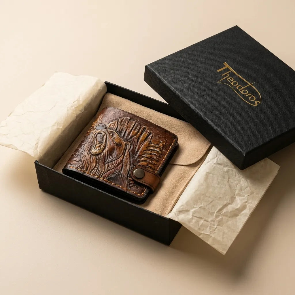 Premium leather bifold wallet with grizzly bear artwork