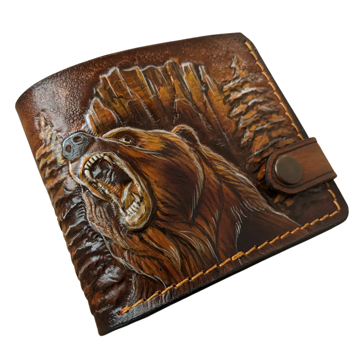 Handmade leather bifold wallet with embossed grizzly bear design – Theodoros