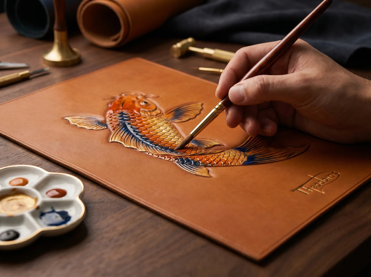 Artist hand-painting vibrant Koi fish design onto a Theodoros leather piece using fine brushes and dyes for an artisanal finish.