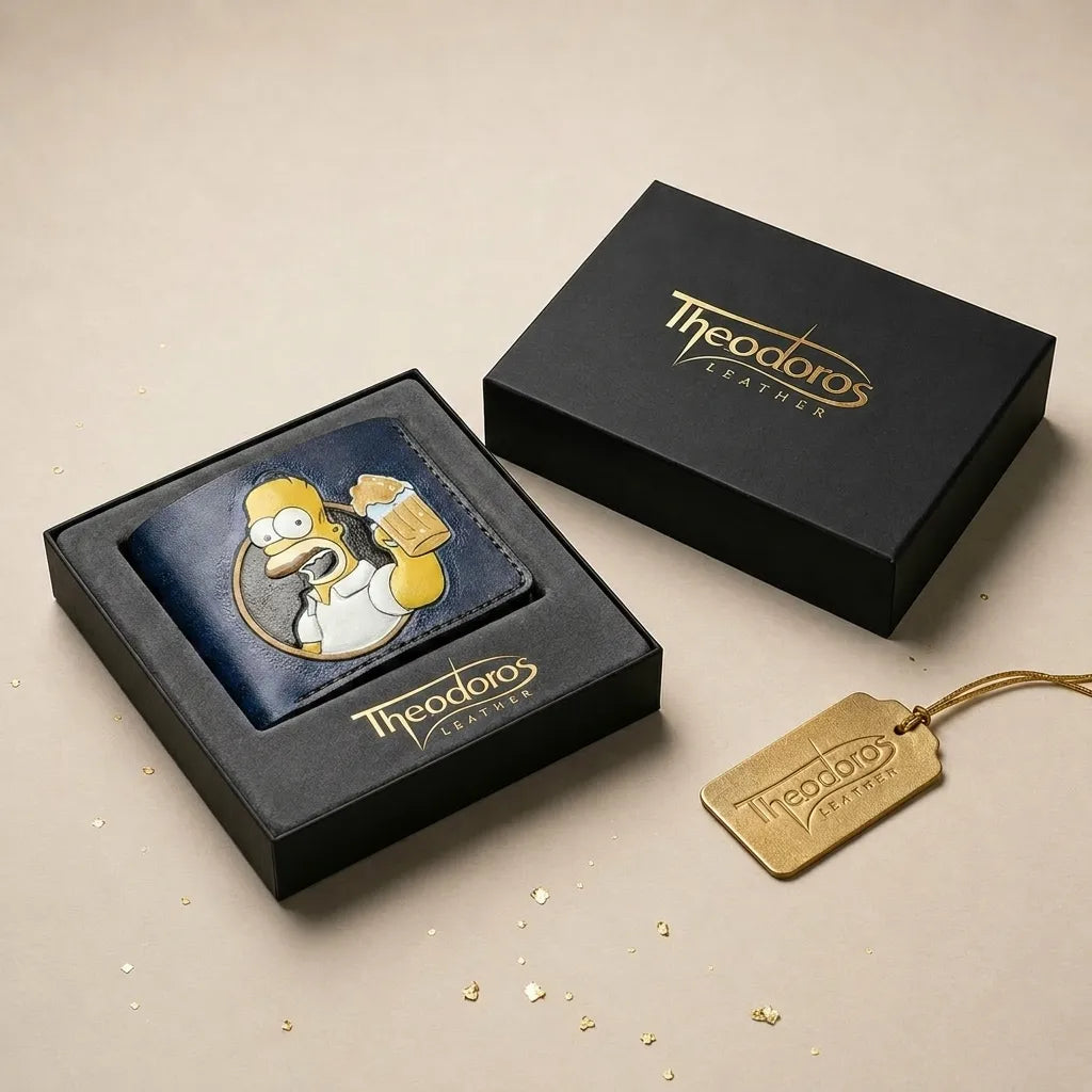 A Theodoros Leather luxury gift box featuring a hand-tooled Homer Simpson bifold wallet and a gold-stamped leather brand tag.