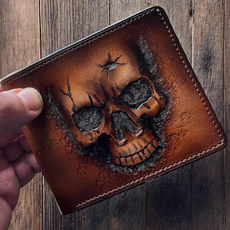 M1S37, Purse with Skull Custom Handmade Bifold Leather Wallet
