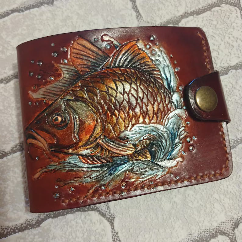M1A44 Bass Fishing Leather Wallet – Handmade Bifold for Men